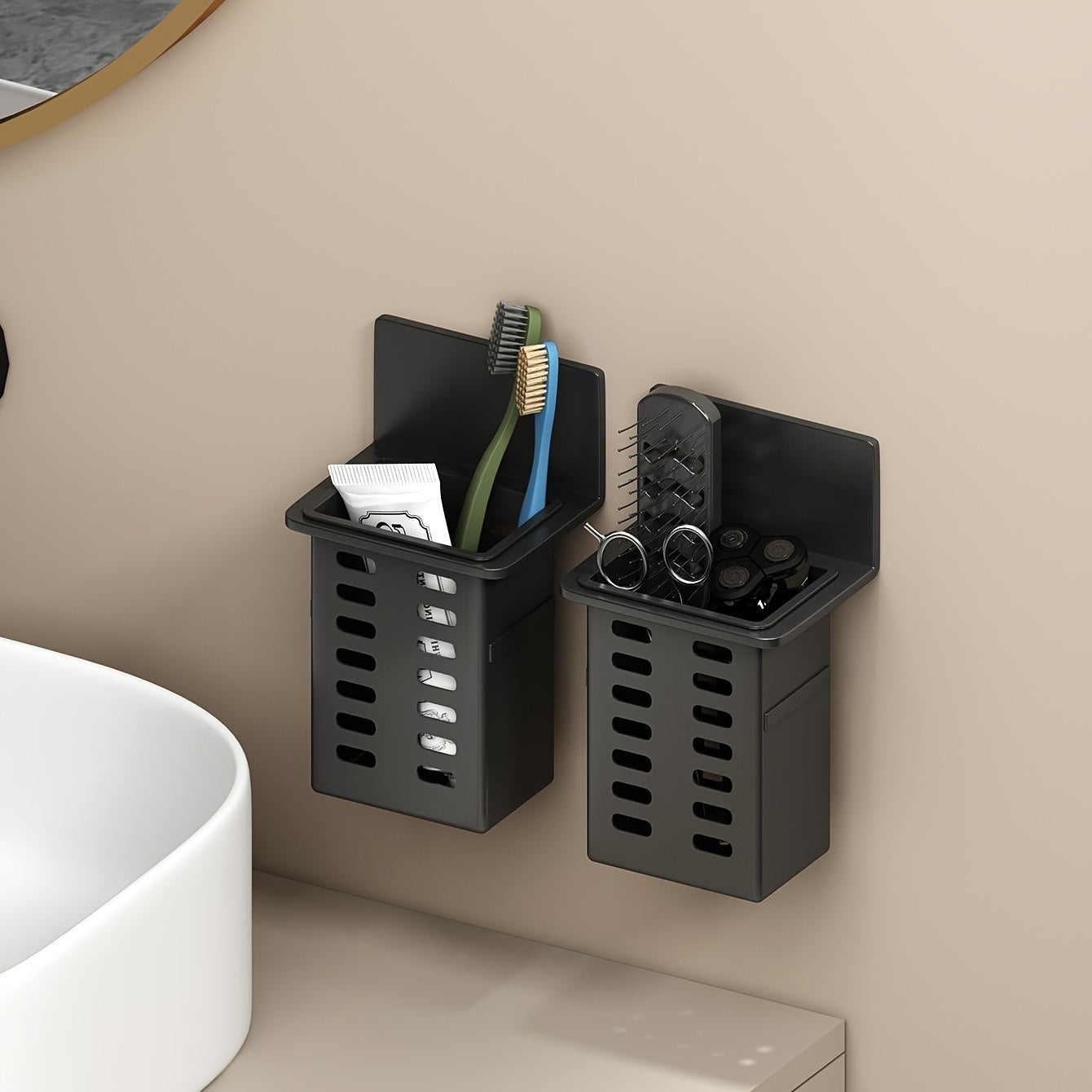 No-Drill Black Wall-Mounted Bathroom Organizer – Mold-Resistant Plastic Storage Basket