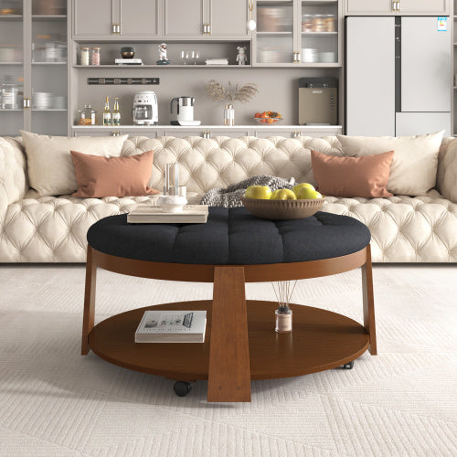 Modern 2-Tier Round Ottoman Coffee Table – Button Tufted, Mobile & Stylish