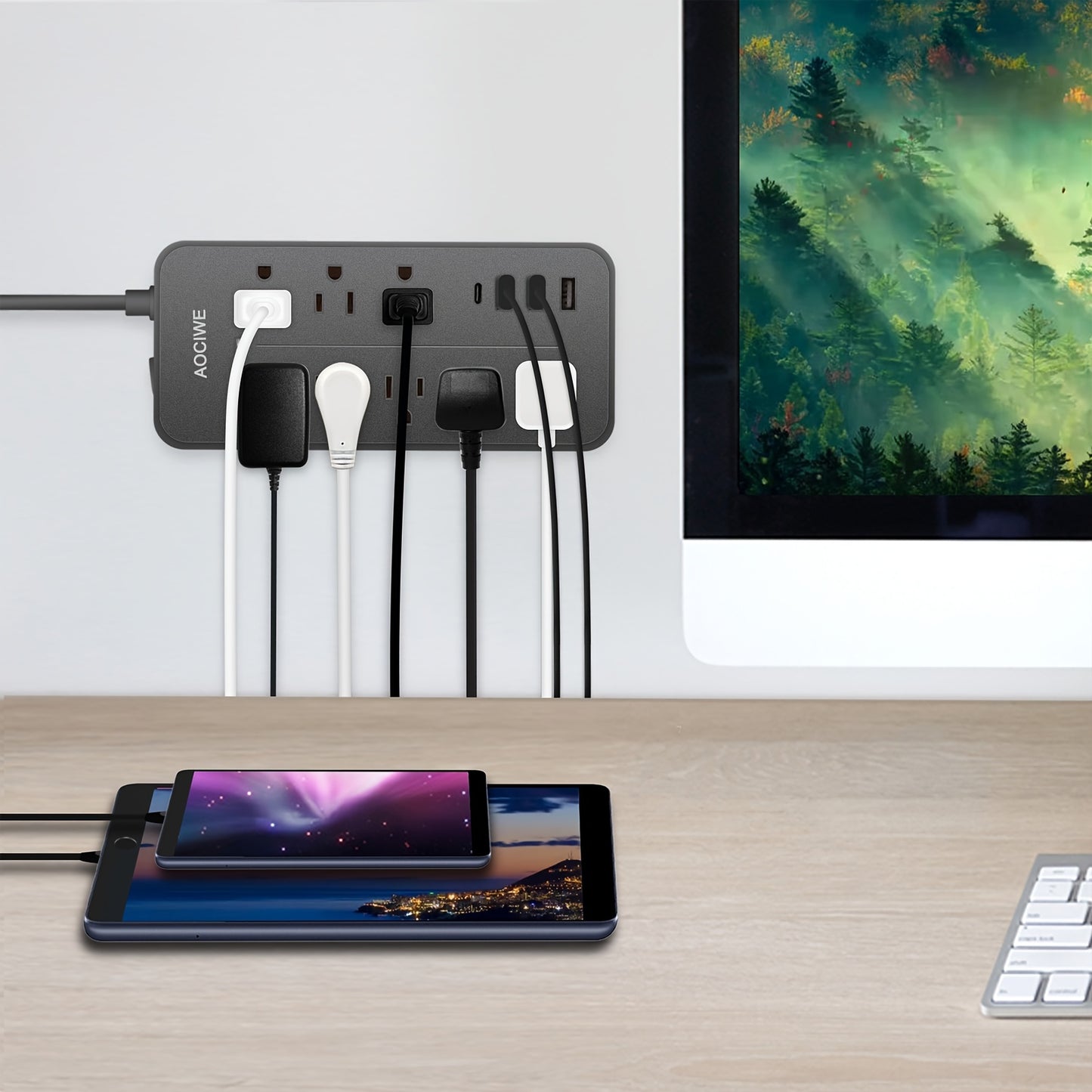 Surge Protector Power Strip – 8 AC Outlets, 3 USB + 1 USB-C Port, Flat Plug with Angled Design (Black/White)