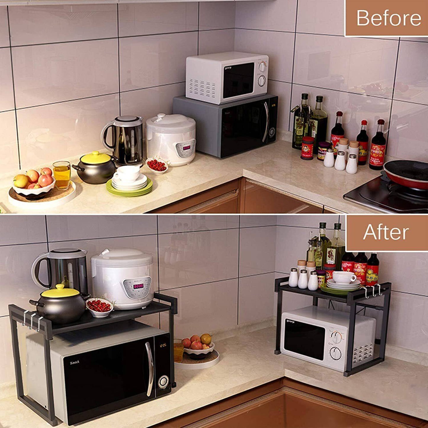 Black Single-Layer Kitchen Storage Rack – Double Bar with 6 Hooks & Extendable Design