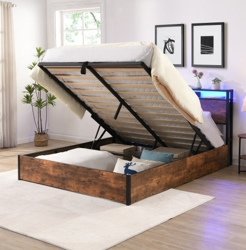 Wooden Platform Bed Frame with Lift-Up Storage & Built-In Charging Station