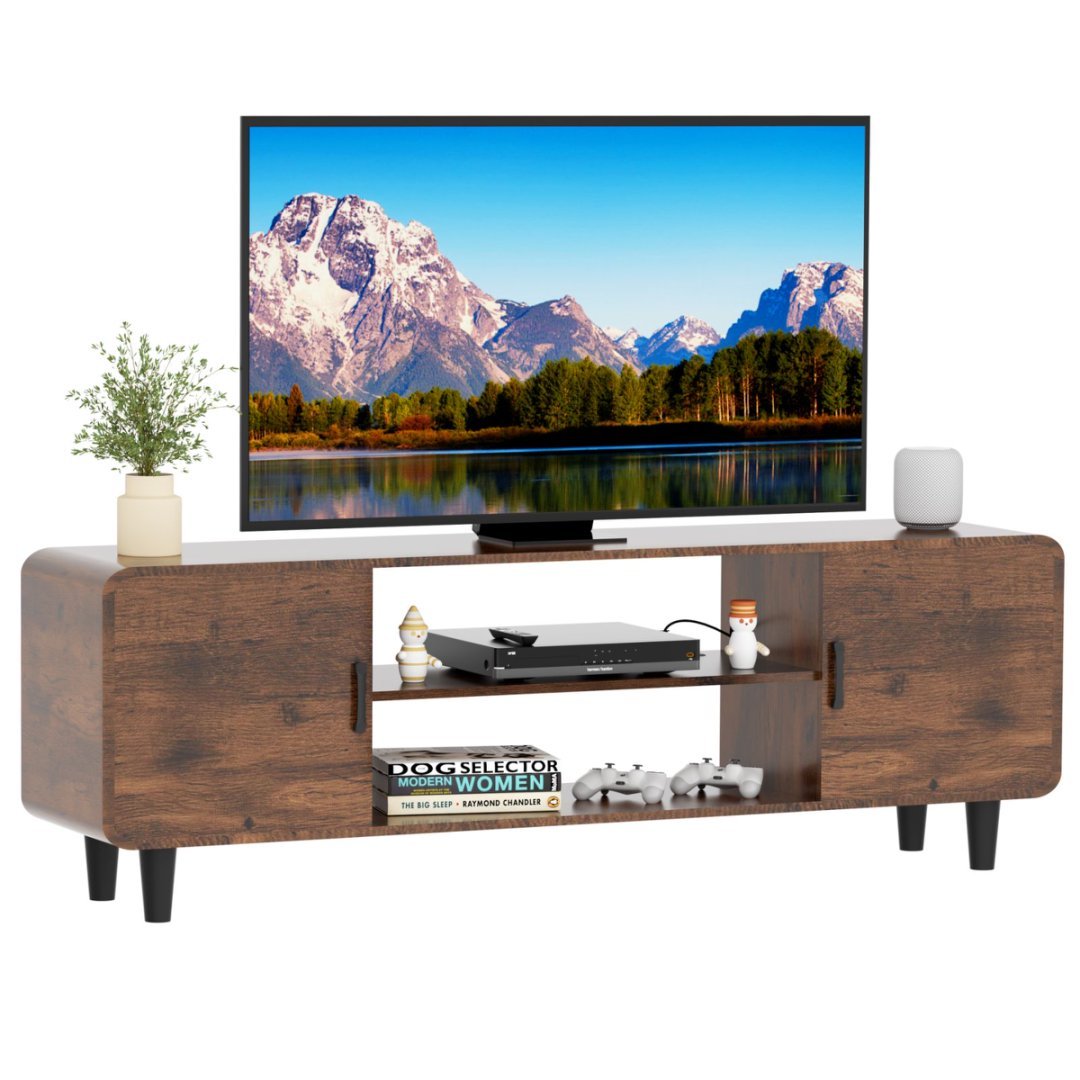 Modern 55" TV Stand with Tempered Glass Doors, Charging Station & Rounded Corners – Walnut Finish