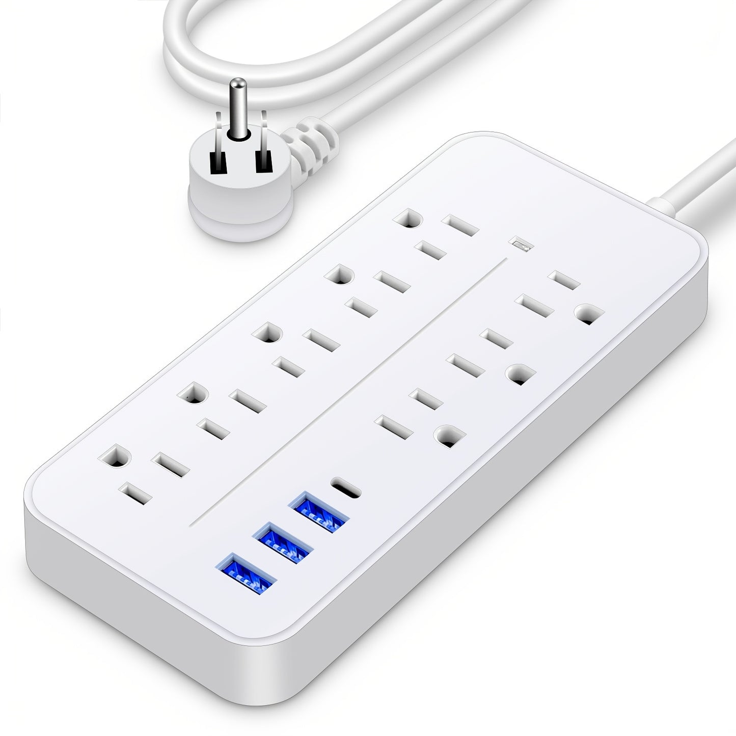 Surge Protector Power Strip – 8 AC Outlets, 3 USB + 1 USB-C Port, Flat Plug with Angled Design (Black/White)