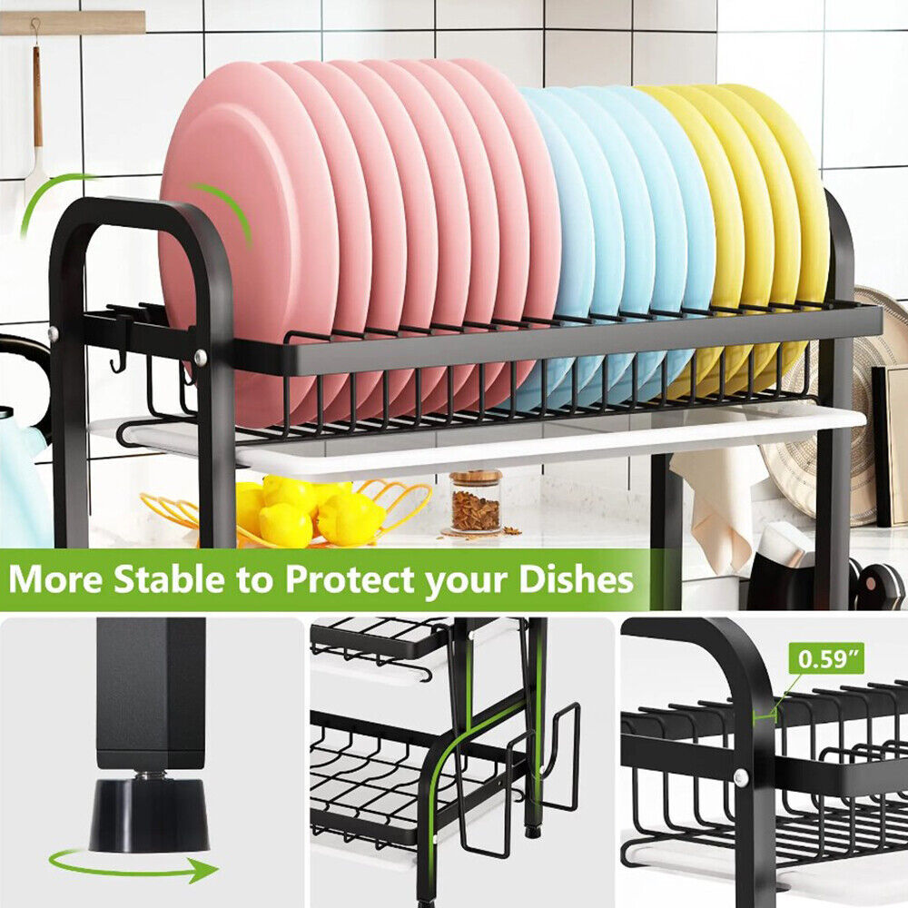 3-Tier Large Capacity Dish Drying Rack with Utensil & Cutting Board Holder – Space-Saving Kitchen Organizer (Black)