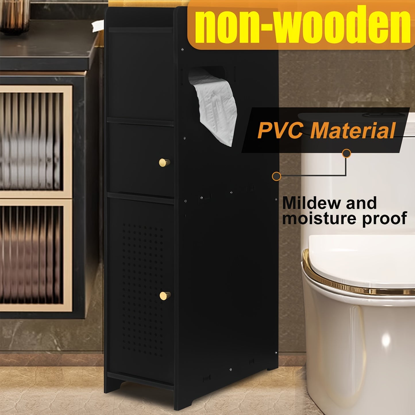 Compact Bathroom Organizer Cabinet – TuoxinEM Freestanding PVC Shelf with Tissue Box & No-Drill Mount