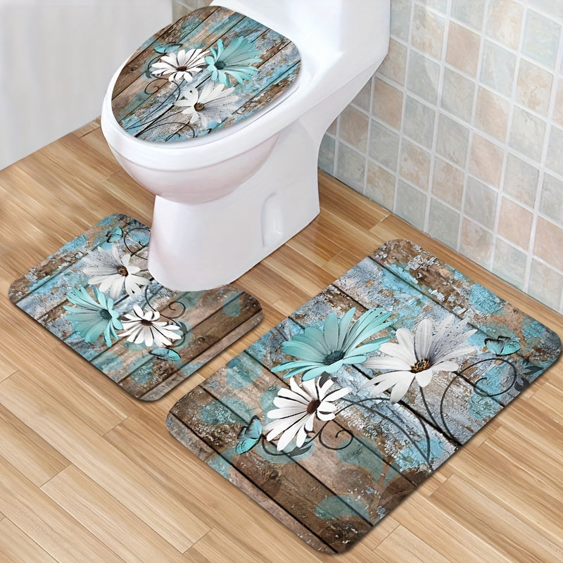 4-Piece Daisy Print Shower Curtain Set – Waterproof Bathroom Decor with Non-Slip Mats & Rust-Resistant Hooks