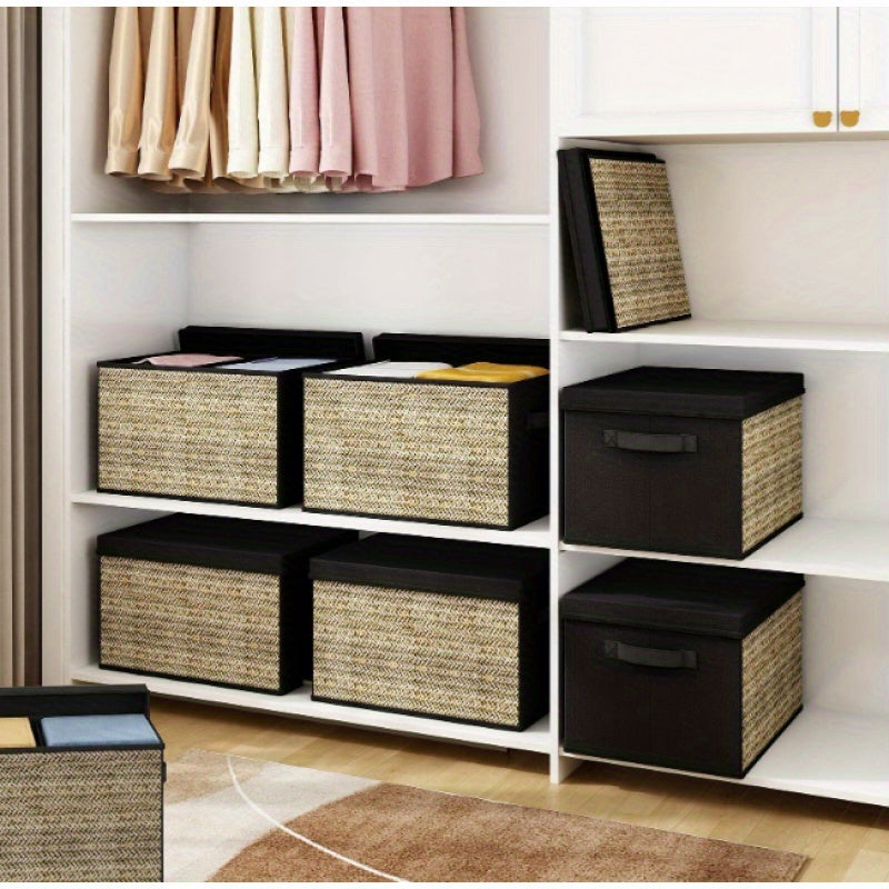 4-Pack Rattan Rectangular Storage Bins with Lids & Handles – Collapsible Fabric Organizers for Toys, Clothes & More – Multipurpose, Non-Waterproof, Outdoor Storage Boxes