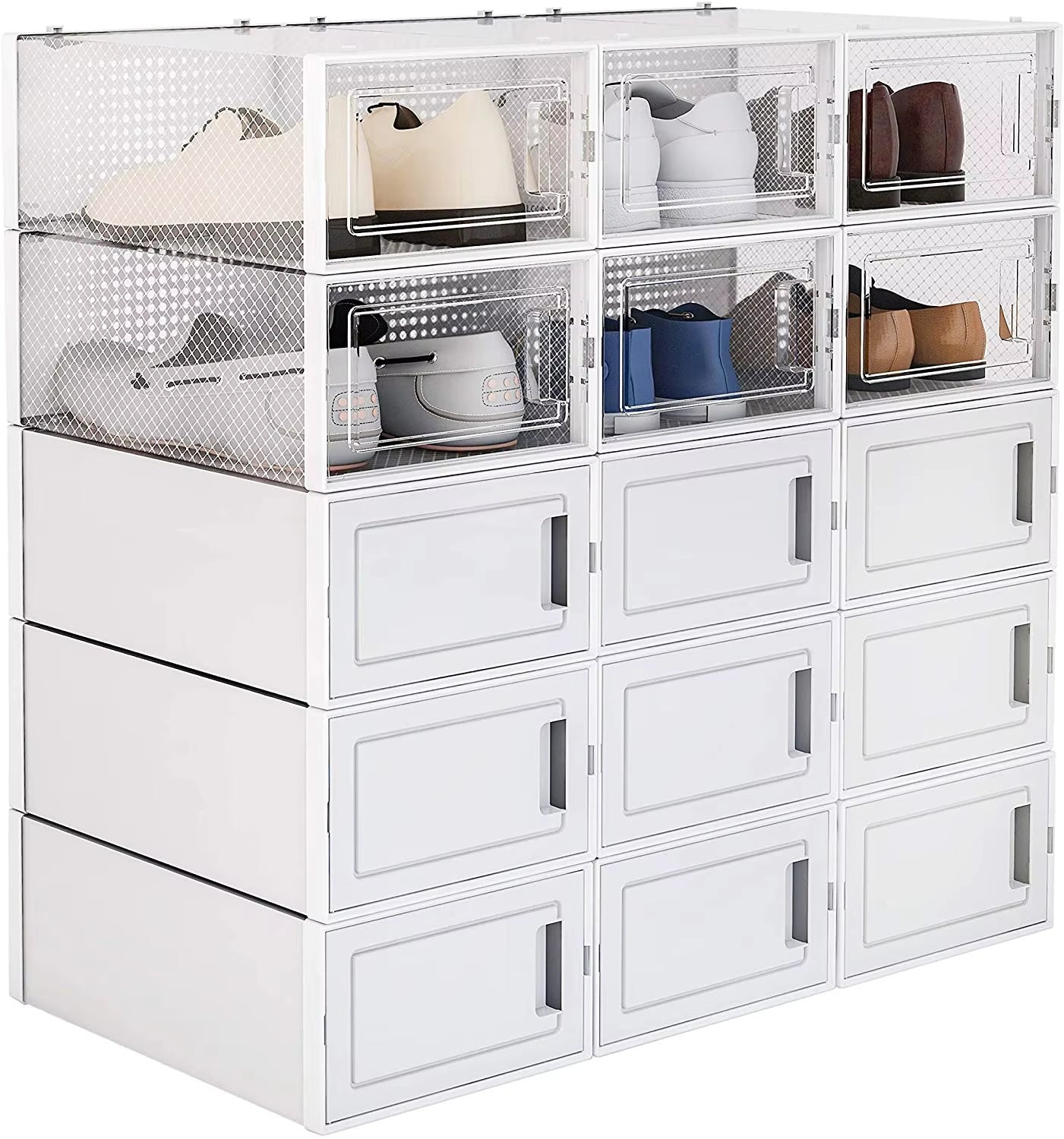 15-Pack Foldable Shoe Storage Boxes โ Stackable Clear Organizer Bins with Drawers