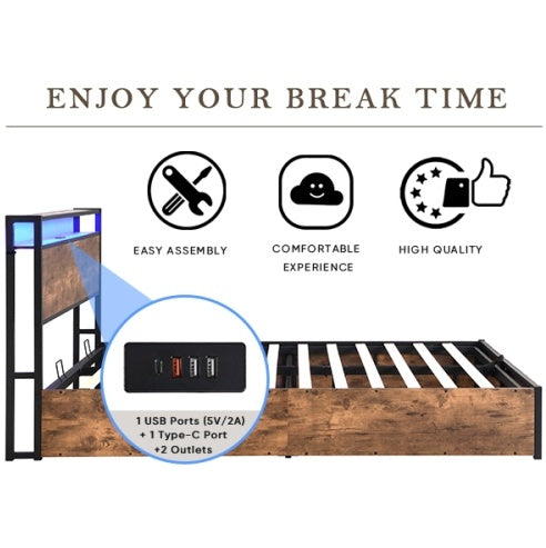Wooden Platform Bed Frame with Lift-Up Storage & Built-In Charging Station