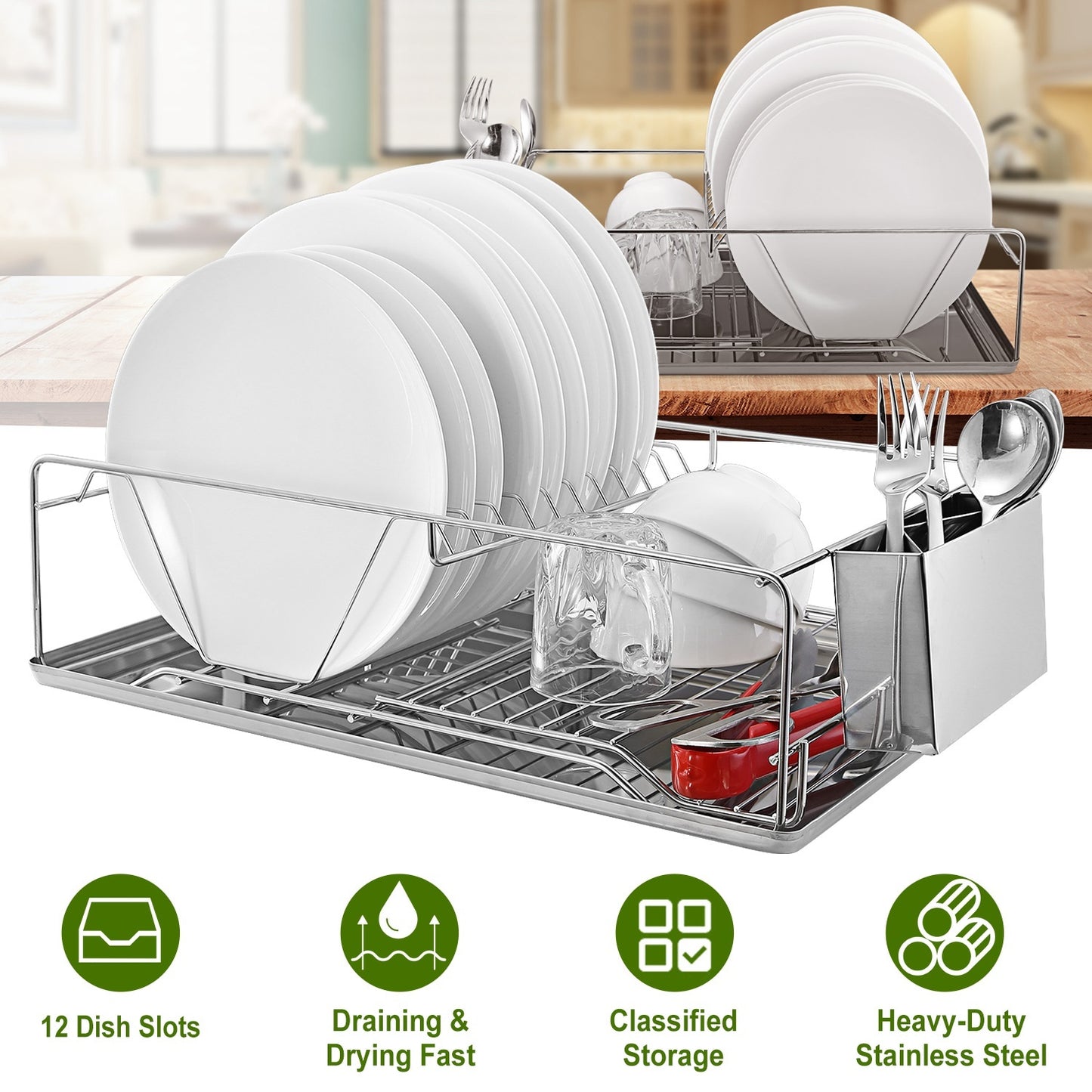 Stainless Steel Dish Drying Rack with Drainboard and Cutlery Holder – Kitchen Countertop Dish Organizer