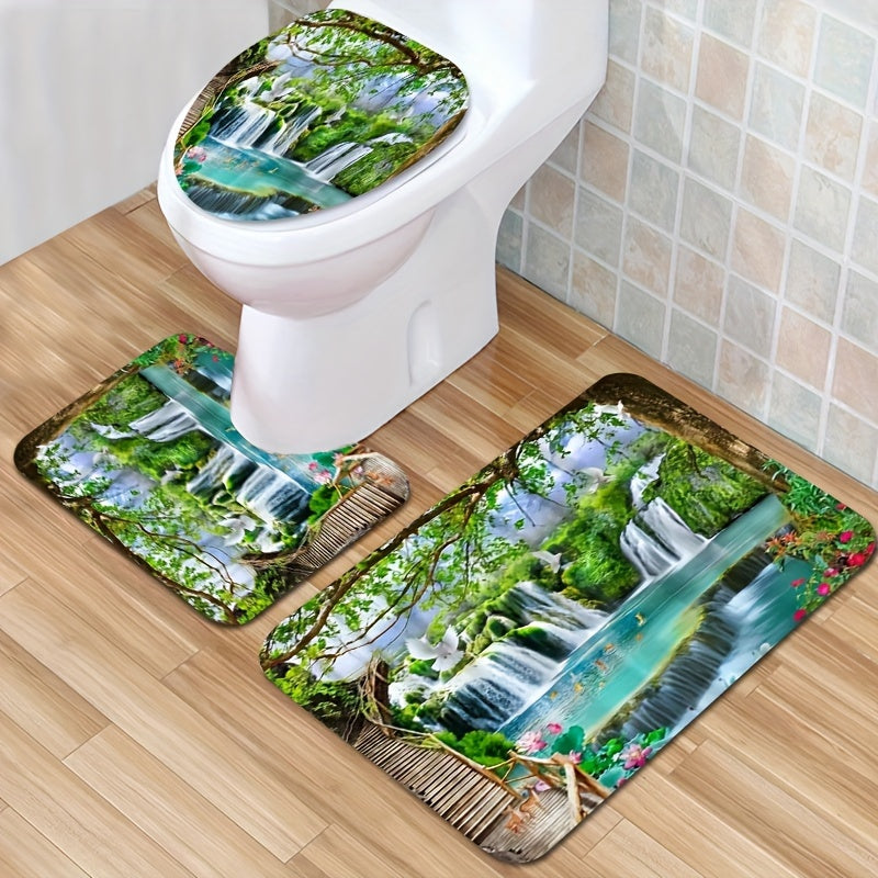 4-Piece Forest Waterfall Shower Curtain Set – Nature-Inspired Bathroom Decor with Non-Slip Mats & Lid Cover