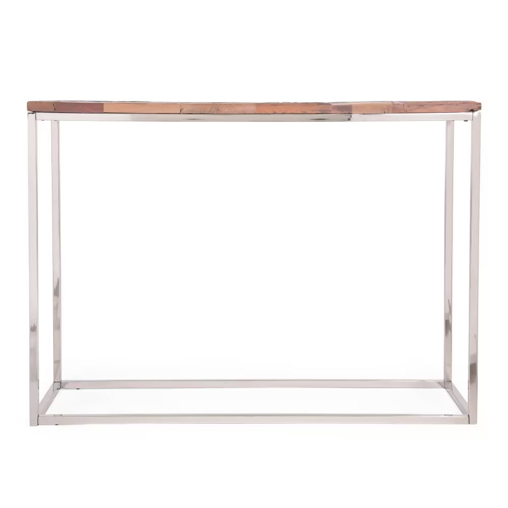 Console Table – Recycled Wood Top with Silver Stainless Steel Frame