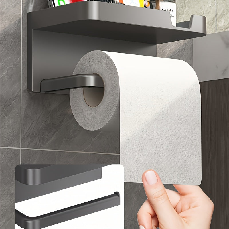Modern Wall-Mounted Toilet Paper Holder – Black Plastic with Phone Tray, No-Drill & Easy to Install
