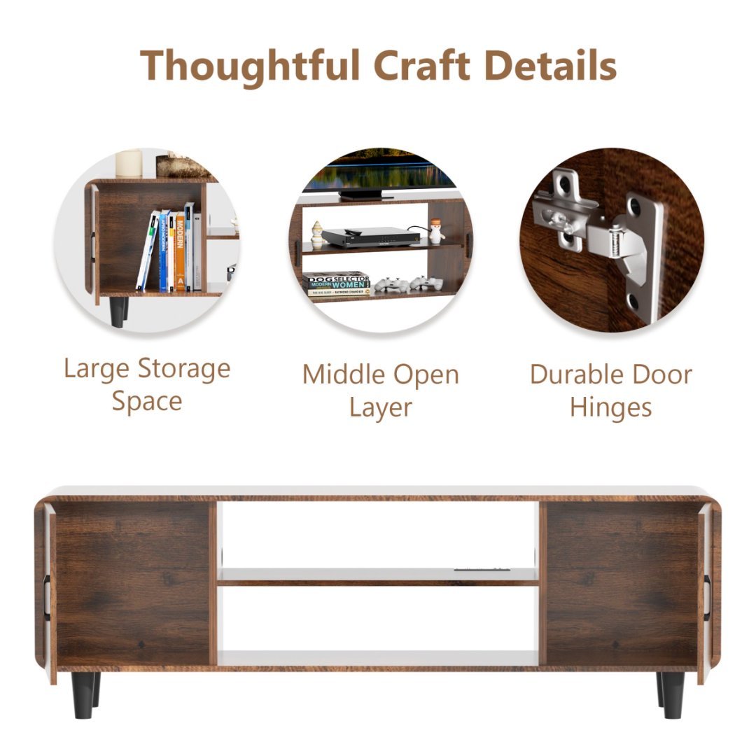Modern 55" TV Stand with Tempered Glass Doors, Charging Station & Rounded Corners – Walnut Finish