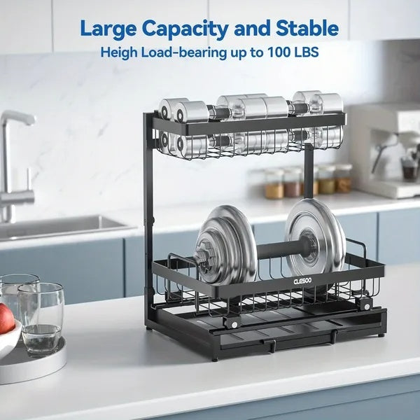 2-Tier Metal Under Sink Organizer with Sliding Drawer – Pull-Out Storage Rack for Kitchen & Bathroom