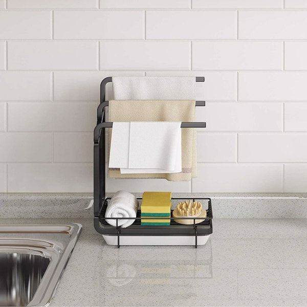 Stainless Steel Sink Sponge Holder with Towel Rack & Drip Tray – Space-Saving Kitchen Organizer