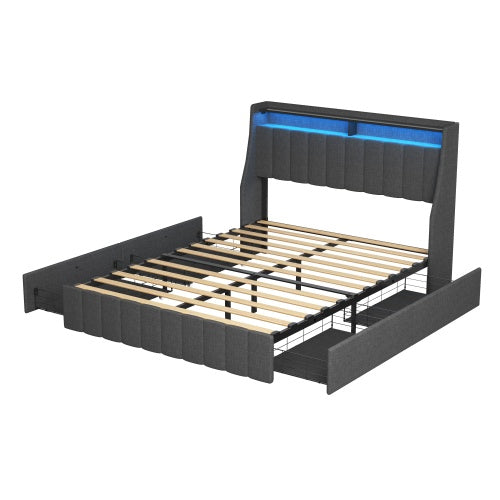 Full-Size Bed Frame with LED Headboard, 4 Under-Bed Storage Drawers & Wingback Design