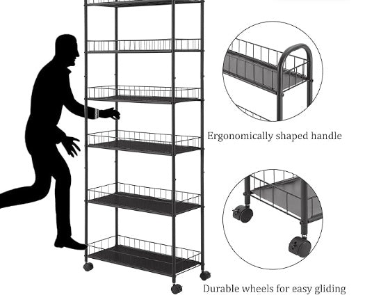 6-Tier Slim Storage Shelf on Wheels – Rolling Organizer Rack for Tight Spaces