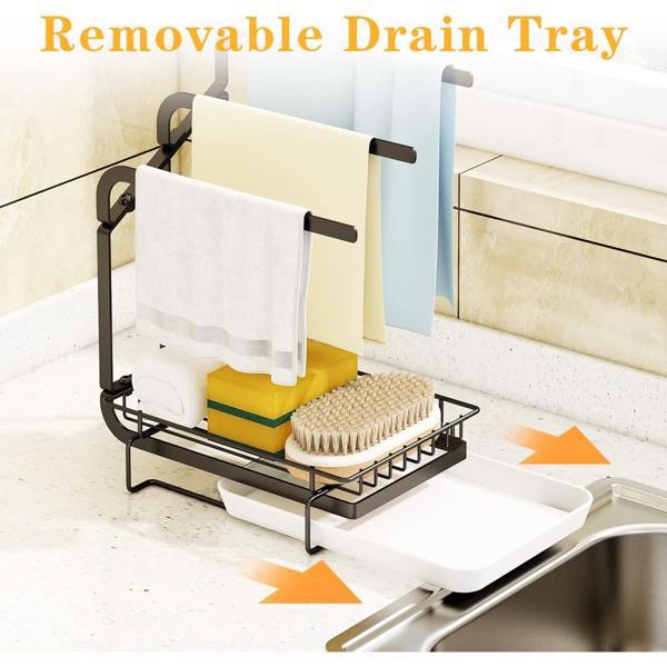 Stainless Steel Sink Sponge Holder with Towel Rack & Drip Tray – Space-Saving Kitchen Organizer