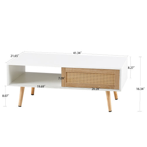 Rattan Coffee Table – Sliding Door Storage with Solid Wood Legs (White)