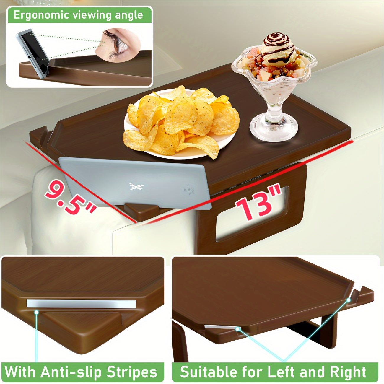Sofa Armrest Tray Table – Natural Bamboo, Foldable Base with Double Bracket, No-Drill
