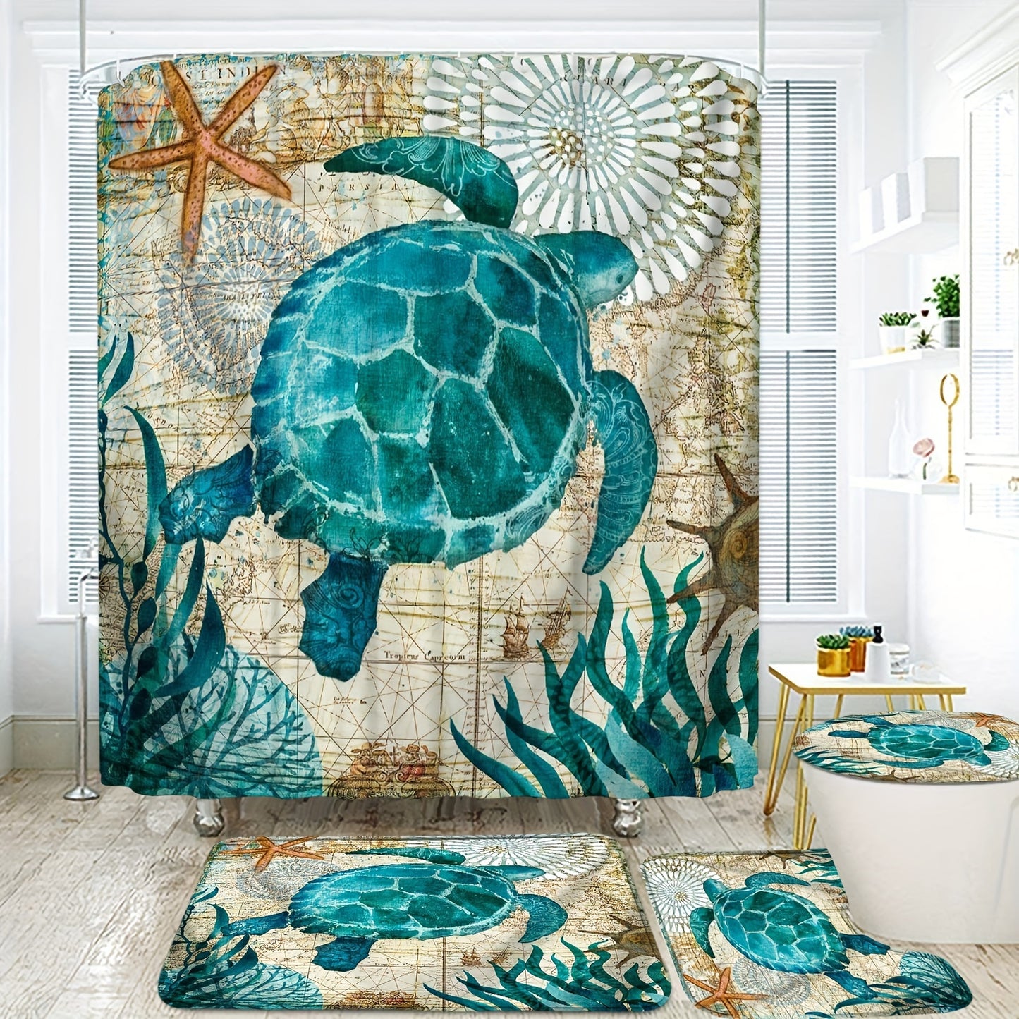 4-Piece Ocean-Inspired Shower Curtain Set – Turtle & Seaweed Design with Mats, Toilet Cover & Hooks
