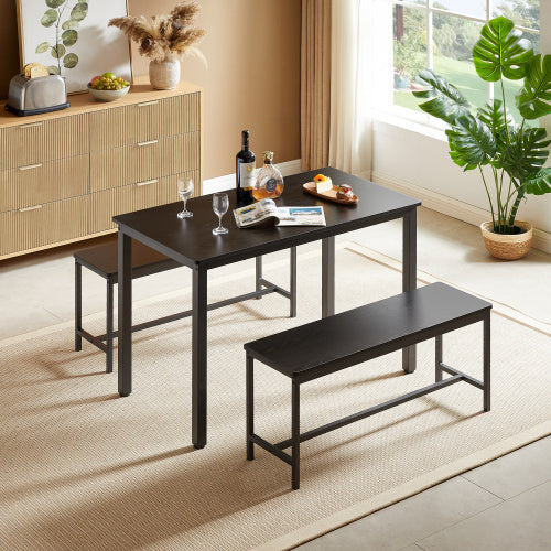 3-Piece Industrial Dining Table Set – Black Table with 2 Benches, Space-Saving Design for Kitchen or Living Room