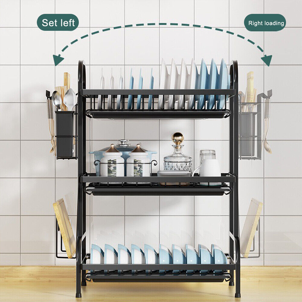 3-Tier Large Capacity Dish Drying Rack with Utensil & Cutting Board Holder – Space-Saving Kitchen Organizer (Black)