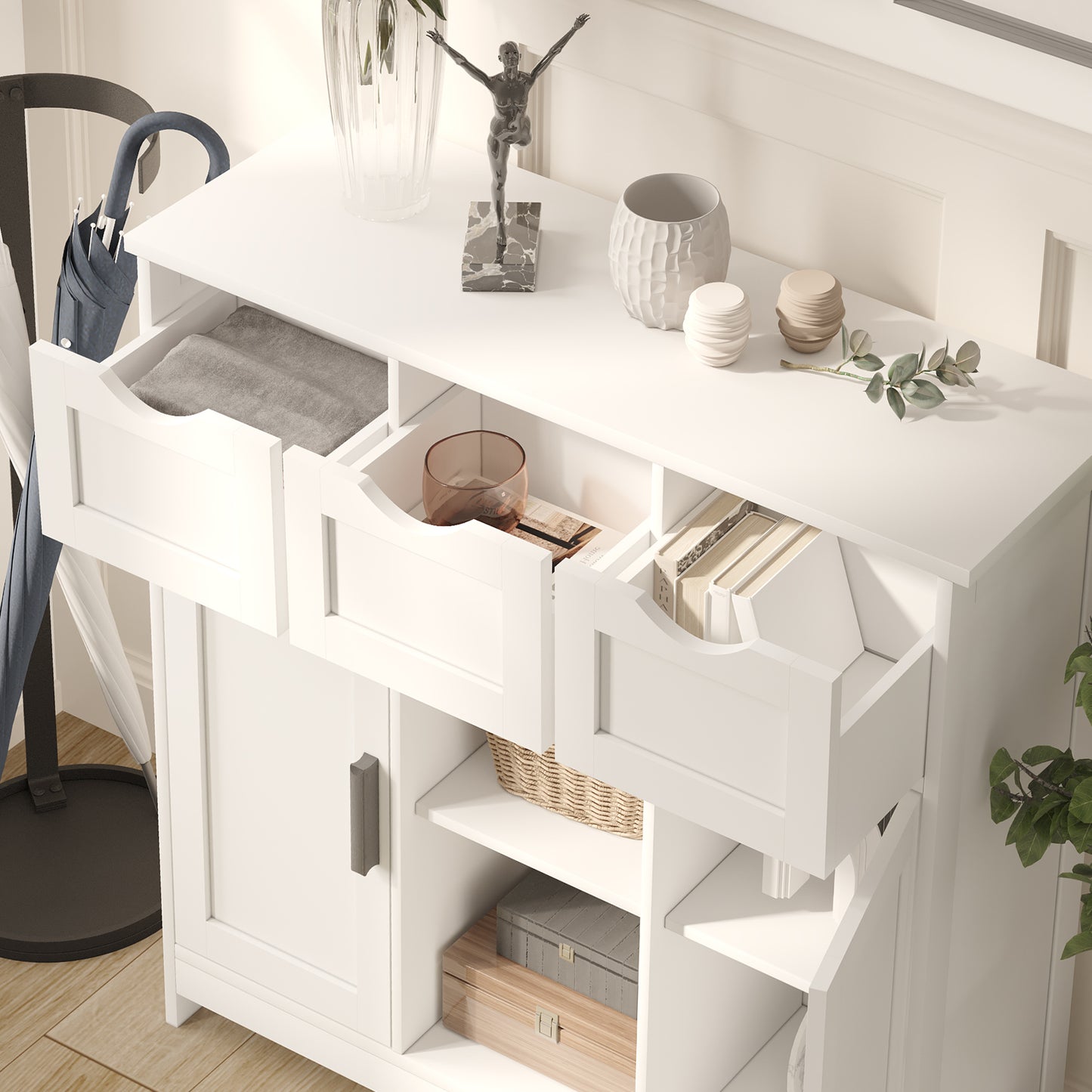 White Cabinet with Drawers and Shelves – Versatile Storage Furniture for Living Room, Bedroom, or Bathroom Décor