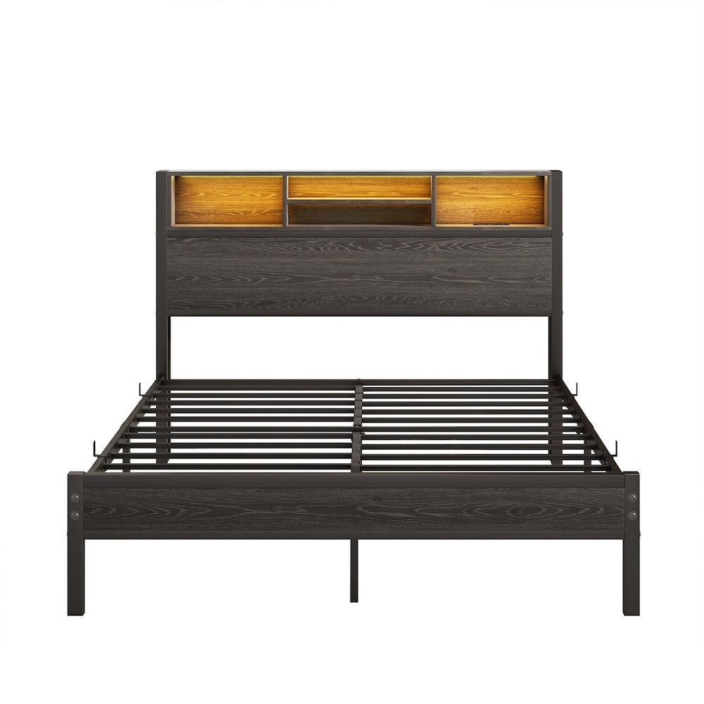 Full Size Bed Frame With Storage Headboard, Metal Platform Bed With Charging Station, Bookcase Storage, No Box Spring Needed, Easy Assembly, Noise-Free, Black