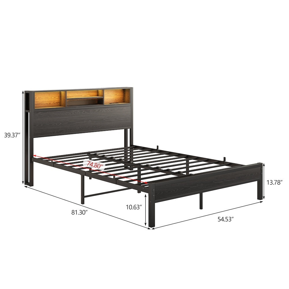 Full Size Bed Frame With Storage Headboard, Metal Platform Bed With Charging Station, Bookcase Storage, No Box Spring Needed, Easy Assembly, Noise-Free, Black