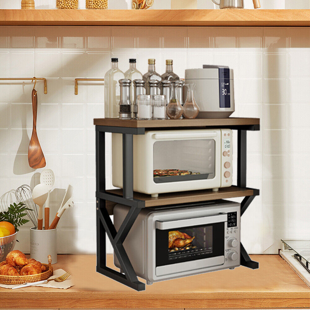 2-Tier Heavy Duty Baker’s Rack – Kitchen Microwave Stand with Storage Shelf (Walnut Finish)