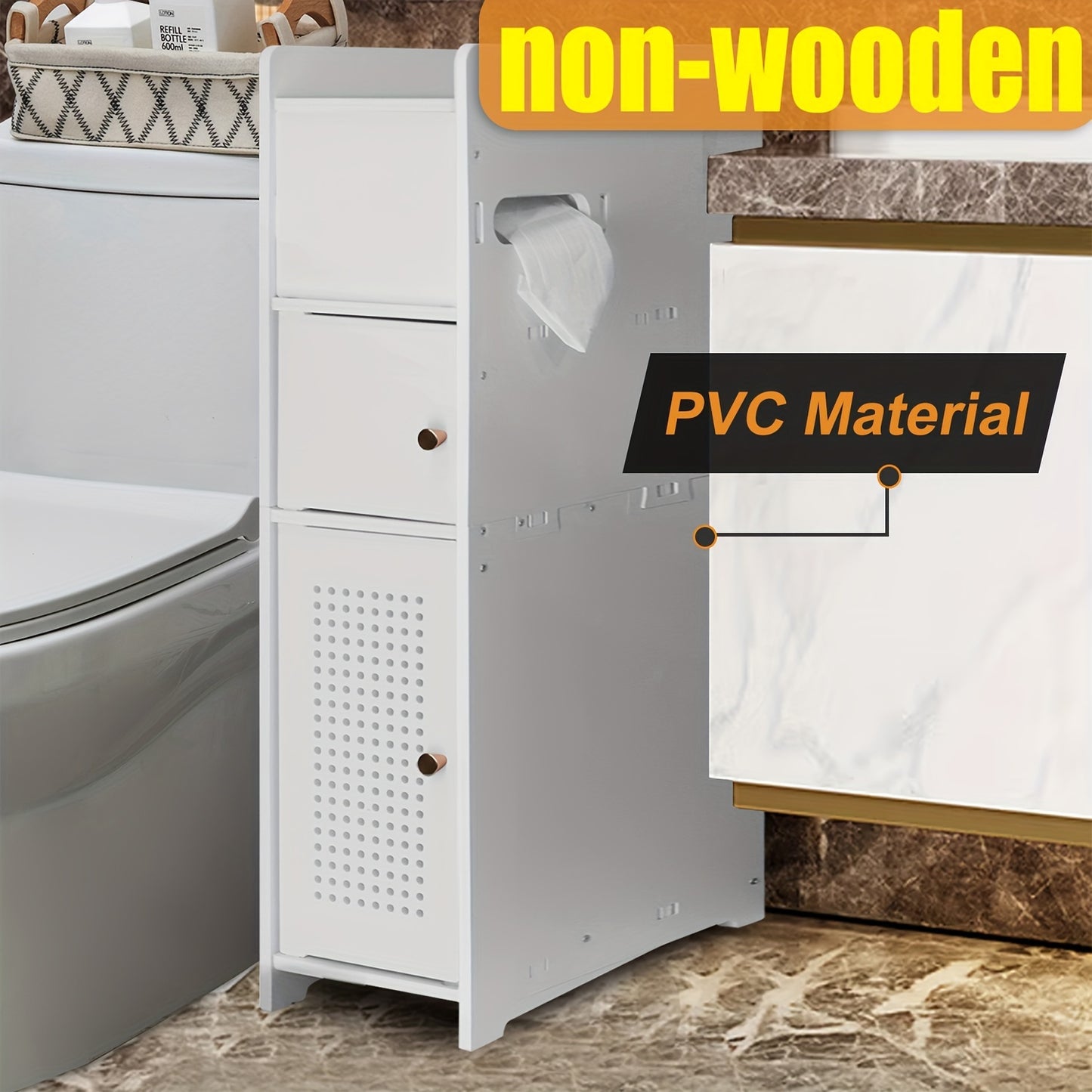 Compact Bathroom Organizer Cabinet – TuoxinEM Freestanding PVC Shelf with Tissue Box & No-Drill Mount