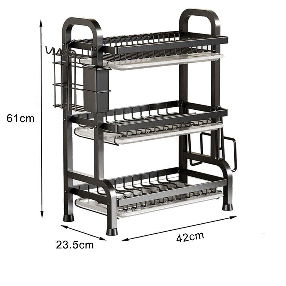 3-Tier Large Capacity Dish Drying Rack with Utensil & Cutting Board Holder – Space-Saving Kitchen Organizer (Black)