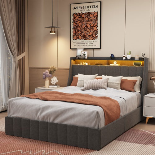 Full-Size Bed Frame with LED Headboard, 4 Under-Bed Storage Drawers & Wingback Design