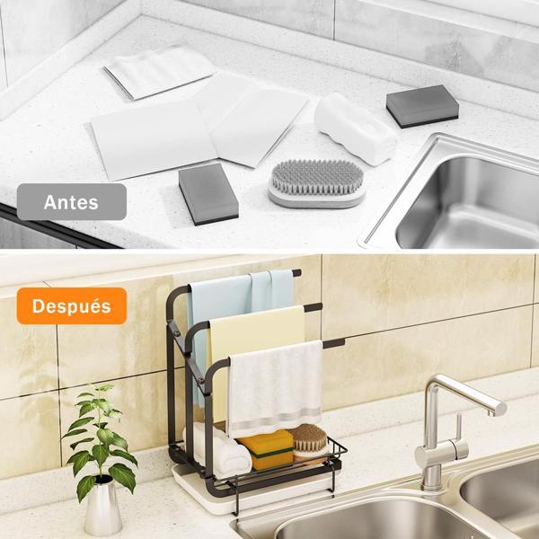 Stainless Steel Sink Sponge Holder with Towel Rack & Drip Tray – Space-Saving Kitchen Organizer