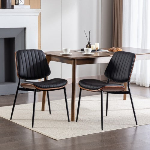 Mid-Century Modern Dining Chairs (Set of 2) – Black Faux Leather with Walnut Bentwood Back & Metal Legs