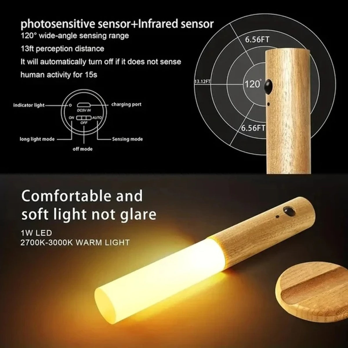 Magnetic Wooden LED Wall Sconce - Rechargeable Motion Sensor Night Light