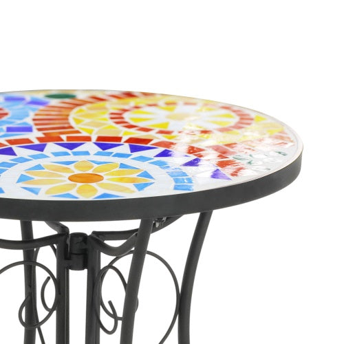 Colorful Outdoor Side Table – Ceramic Tile Top with Black Iron Frame, 14" Round Patio Accent Table