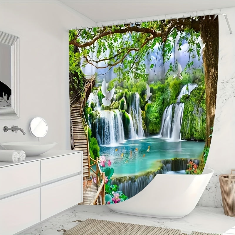 4-Piece Forest Waterfall Shower Curtain Set – Nature-Inspired Bathroom Decor with Non-Slip Mats & Lid Cover
