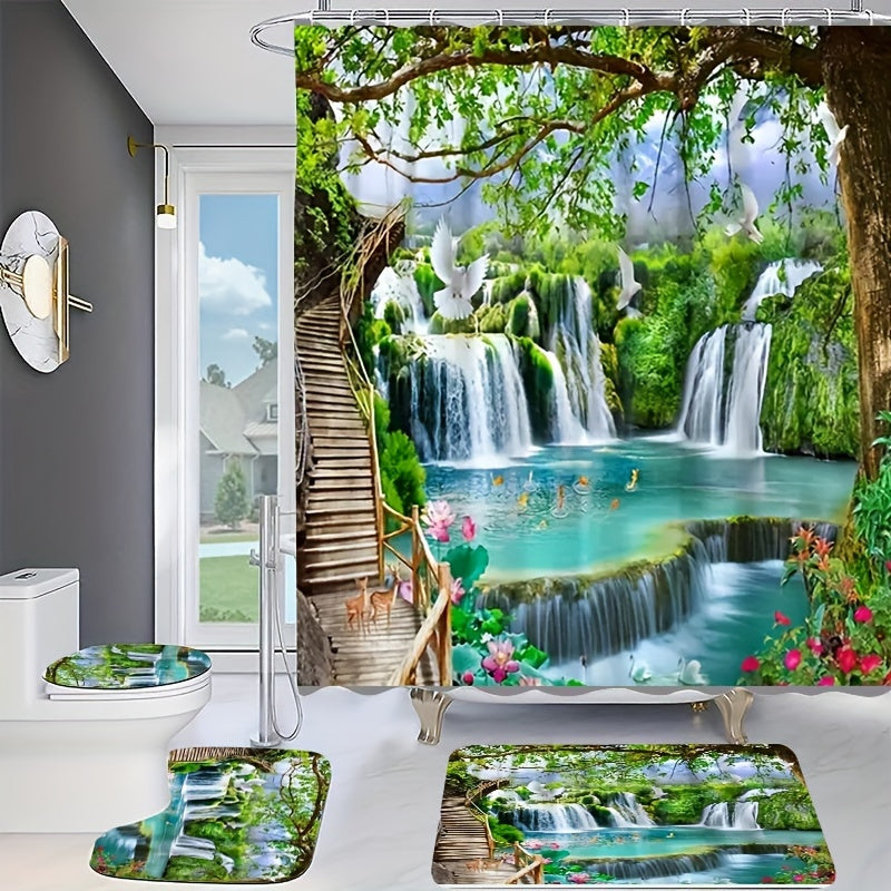 4-Piece Forest Waterfall Shower Curtain Set – Nature-Inspired Bathroom Decor with Non-Slip Mats & Lid Cover