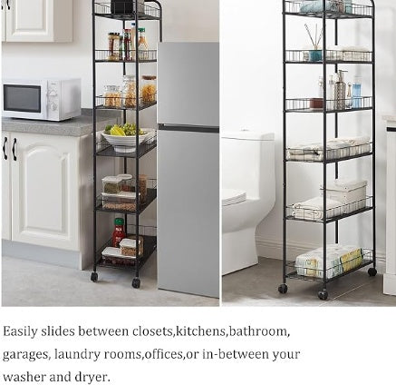 6-Tier Slim Storage Shelf on Wheels – Rolling Organizer Rack for Tight Spaces