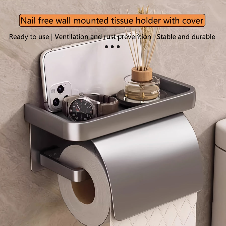 Space Aluminum No-Drill Tissue Holder – Waterproof Wall-Mounted Roll Paper Rack (Polished Finish)