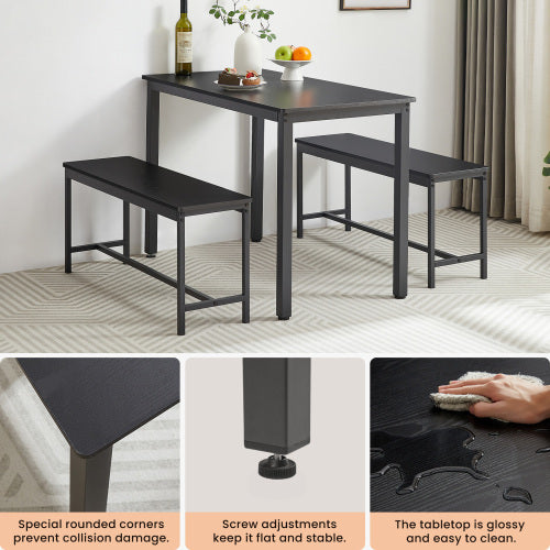 3-Piece Industrial Dining Table Set – Black Table with 2 Benches, Space-Saving Design for Kitchen or Living Room