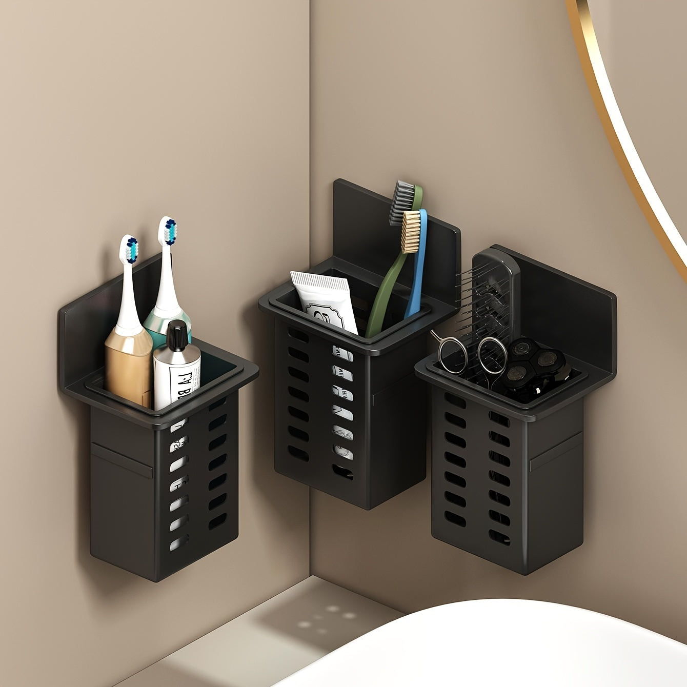No-Drill Black Wall-Mounted Bathroom Organizer – Mold-Resistant Plastic Storage Basket