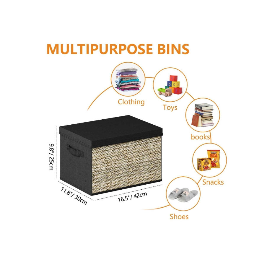 4-Pack Rattan Rectangular Storage Bins with Lids & Handles – Collapsible Fabric Organizers for Toys, Clothes & More – Multipurpose, Non-Waterproof, Outdoor Storage Boxes