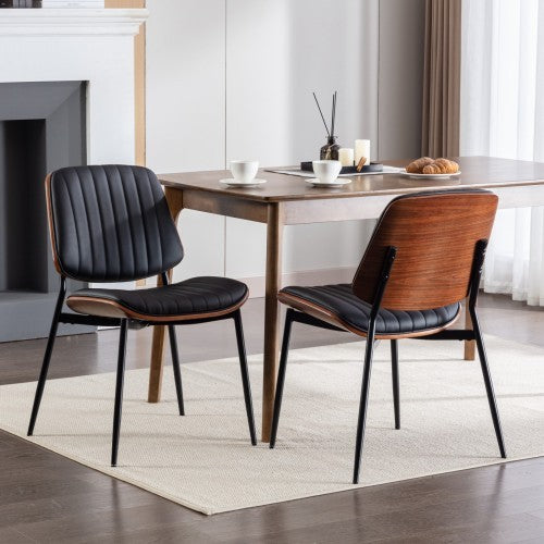 Mid-Century Modern Dining Chairs (Set of 2) – Black Faux Leather with Walnut Bentwood Back & Metal Legs