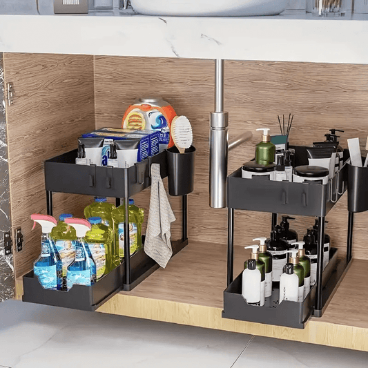 Under Sink Storage Organizer – 2-Tier Sliding Drawer Cabinet Organizer with Hooks, Storage Cup & Accessories for Bathroom or Kitchen – Space-Saving & Easy to Clean