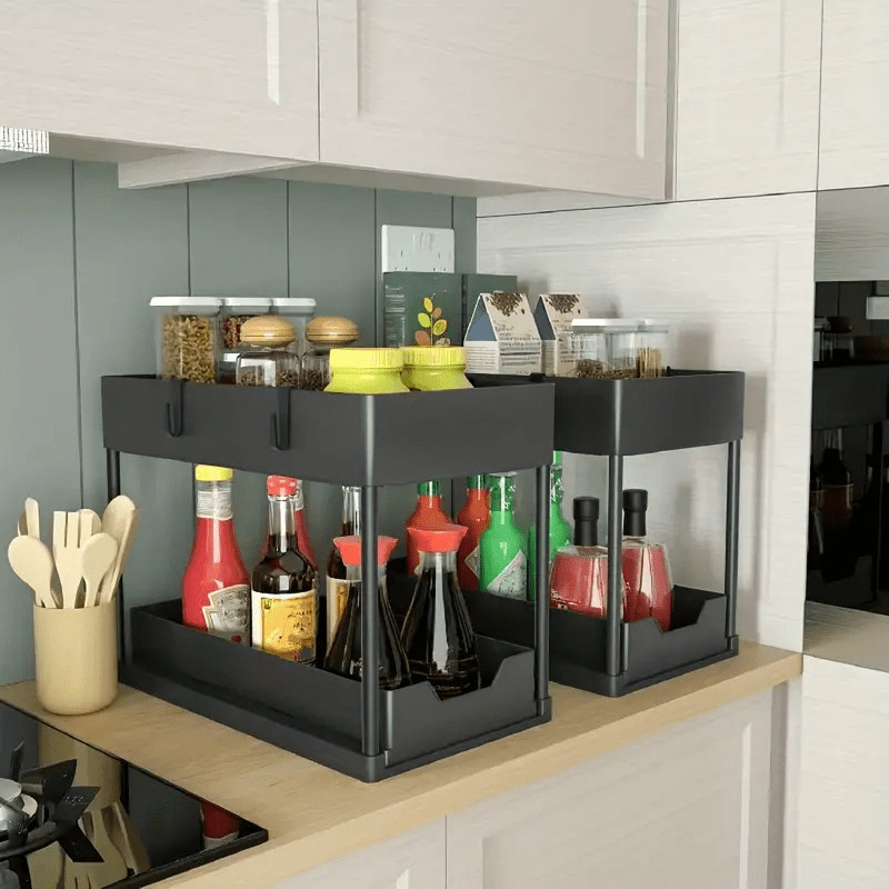 Under Sink Storage Organizer – 2-Tier Sliding Drawer Cabinet Organizer with Hooks, Storage Cup & Accessories for Bathroom or Kitchen – Space-Saving & Easy to Clean