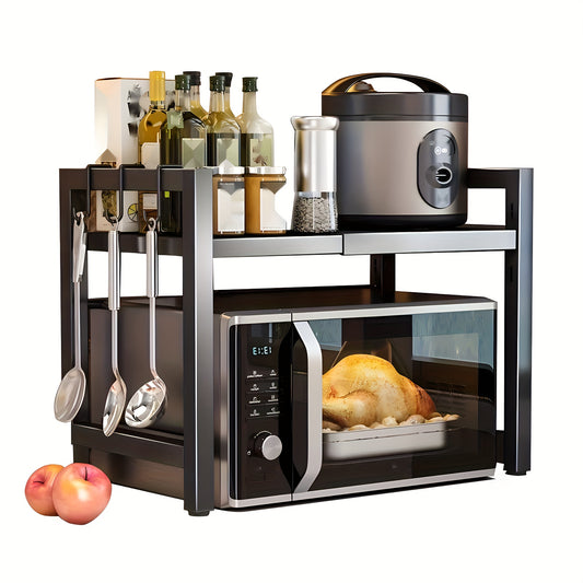 Expandable Carbon Steel Microwave Oven Rack with 6 Hooks – Countertop Kitchen Organizer for Utensils & Tableware